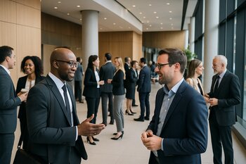 Event lobbisində networking edən biznes iştirakçıları