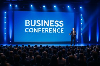 Biznes konfransında işıqlandırılmış səhnə və dolu zal