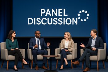 Panel müzakirəsində səhnədə oturan spikerlər və moderator