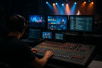 Backstage texniki masada ekran və səs pultu