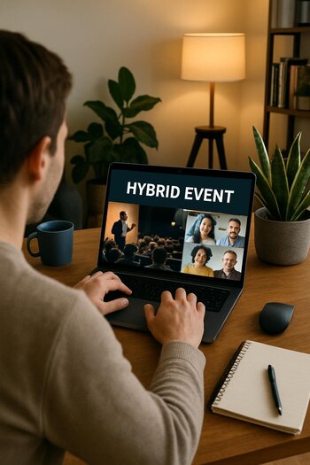 Ev mühitində noutbukdan tədbirə qoşulan online iştirakçı