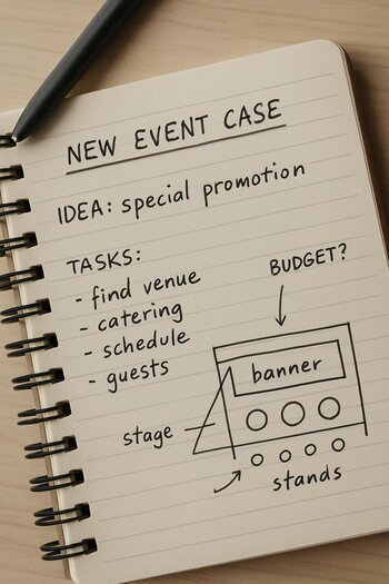 Defterdə qısa event sketch qeydlərinin yaxın görünüşü