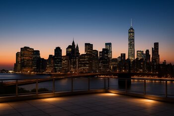 Axşam vaxtı şəhər mənzərəsinə baxan teras