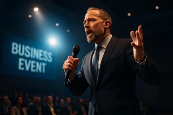 Yan bucaqdan çəkilmiş biznes səhnəsi və spiker