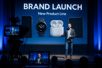 Brend təqdimat tədbirində səhnədə məhsul göstərən aparıcı