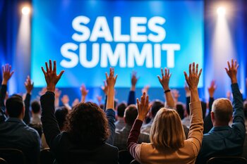 Satış summitində səhnə qarşısında əl qaldıran iştirakçılar