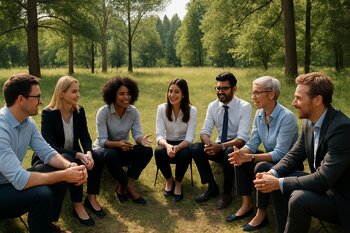 Komanda offsite tədbirində açıq havada dairə halında oturan əməkdaşlar