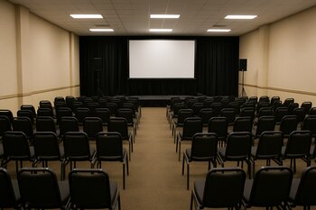 Boş konfrans zalında standart oturacaqlar və sadə səhnə