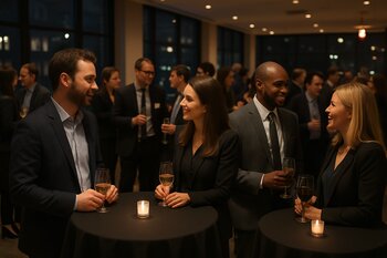 Axşam networking zamanı yüksək masalar ətrafında söhbət edən qonaqlar
