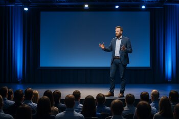 Günorta əsas sessiya zamanı səhnədə çıxış edən spiker və zal