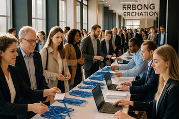 Səhər event qeydiyyat masası və növbədə dayanan iştirakçılar