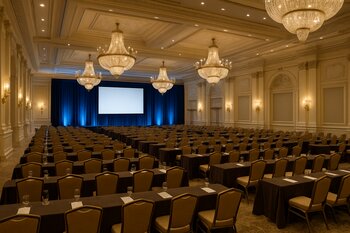 Klassik otel ballroom zalında biznes konfrans üçün qurulmuş səhnə