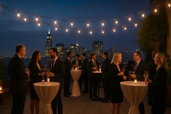 Şəhər mənzərəsi olan açıq hava terasında axşam biznes tədbiri