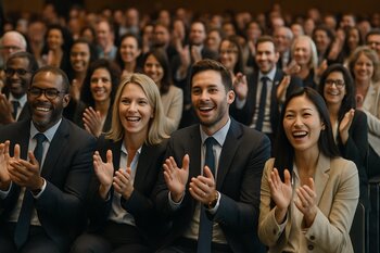 Biznes tədbirdə çıxışdan sonra alqışlayan dolu zal