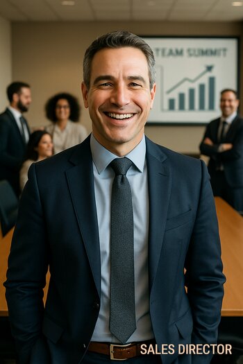 Tədbirdən sonra gülümsəyən satış direktoru portreti