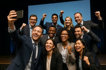Eventdən sonra səhnədə selfi çəkən korporativ komanda