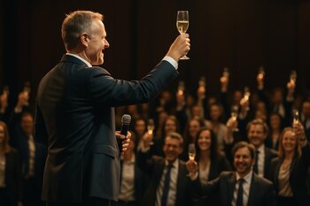 Səhnədə çıxış edən CEO komandaya badə qaldırır