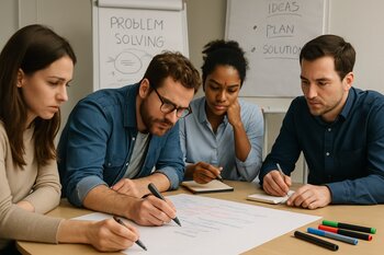 Kiçik masada workshop edən işçilər və flipchart