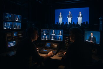 LED ekranlı idarəetmə otağında rejissor və texniki komanda