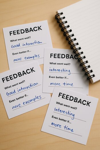 İştirakçıların doldurduğu qısa feedback kartları və qeyd dəftəri