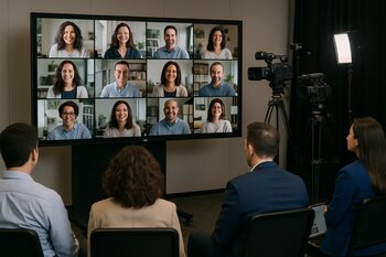 Hibrid tədbir zamanı kameralar və ekranda onlayn iştirakçılar