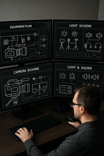 Texniki lead monitorlar önündə avadanlıq planı ilə işləyir