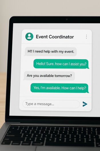 Noutbuk ekranında event koordinatoru ilə chat pəncərəsi