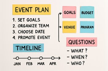 Ağ lövhə üzərində tədbir planı və qeyd olunmuş sual blokları