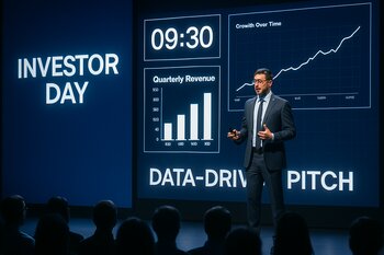 Investor day tədbirində səhnədə təqdimat və LED qrafiklər