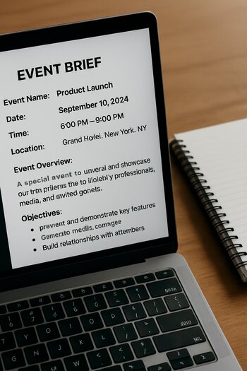 Noutbukda açılmış event brif sənədi və yanında qeyd dəftəri