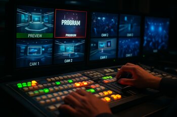 Rejissor panelində kamera planı və canlı yayım monitorları