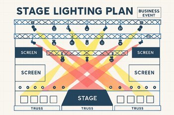 Biznes tədbiri üçün rəng sxemi ilə səhnə işıqlandırma planı