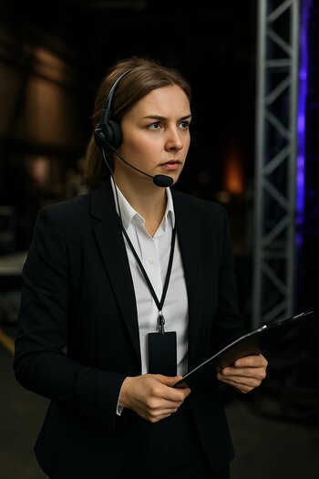 Backstage zonasında qulaqlıqla çalışan tədbir koordinatoru