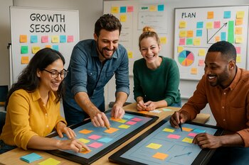 Workshop masalarında çalışan komanda ilə growth session