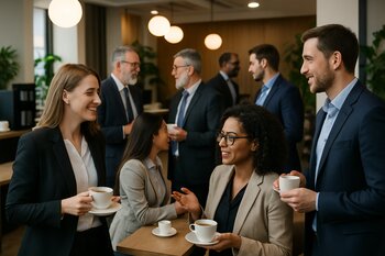 Coffee break zonasında söhbət edən biznes nümayəndələri