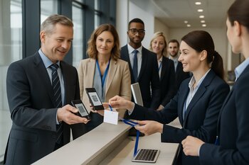 Qeydiyyat masasının yanında sıraya düzülmüş iştirakçılar