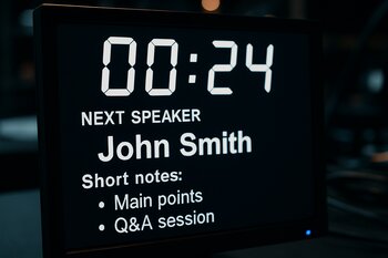 Backstage monitorunda növbəti spikerin adı və taymer görünür