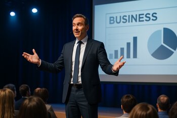 Səhnədə biznes spiker auditoriya ilə dialoqda çıxış edir