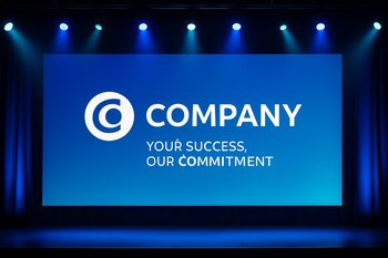 Brend rəngləri ilə işıqlandırılmış səhnə fonu və LED divar