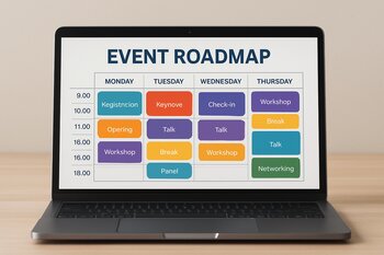 Noutbuk ekranında rəngli event roadmap diaqramı