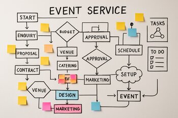 Divarda markerlə çəkilmiş event xidmət xəritəsi və stikerlər