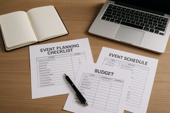 Masanın üzərində event planlaşdırma sənədləri və noutbuk