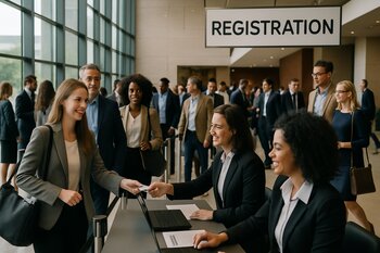 Event lobbisində qeydiyyat masasına yaxınlaşan iştirakçılar