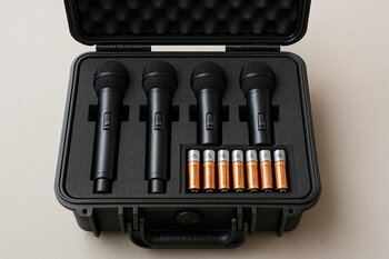 Event üçün ehtiyat əl mikrofonları və batareyalar qutuda