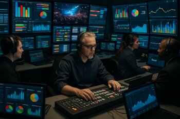 Texniki komanda control-room otağında monitorları izləyir