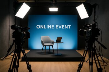 Tam online tədbir üçün işıqlandırılmış kiçik studiya və kameralar