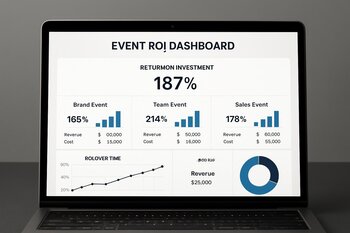 Noutbuk ekranında event ROI dashboard qrafikləri