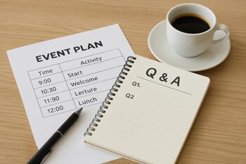 Masa üzərində tədbir planı, qeyd dəftəri və qəhvə fincanı