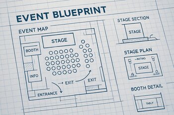 Event planı və sxemi çəkilmiş blueprint sənədinin yaxın görünüşü