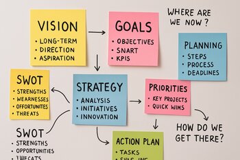 Stikerlərlə dolu strategiya qeydləri olan lövhə